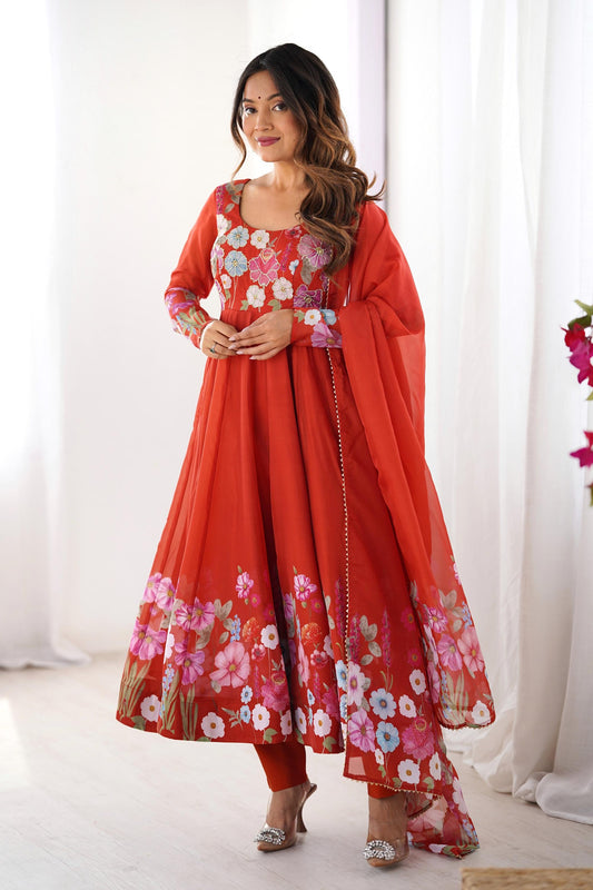 Rust Orange Floral Organza Silk Anarkali Suit Set