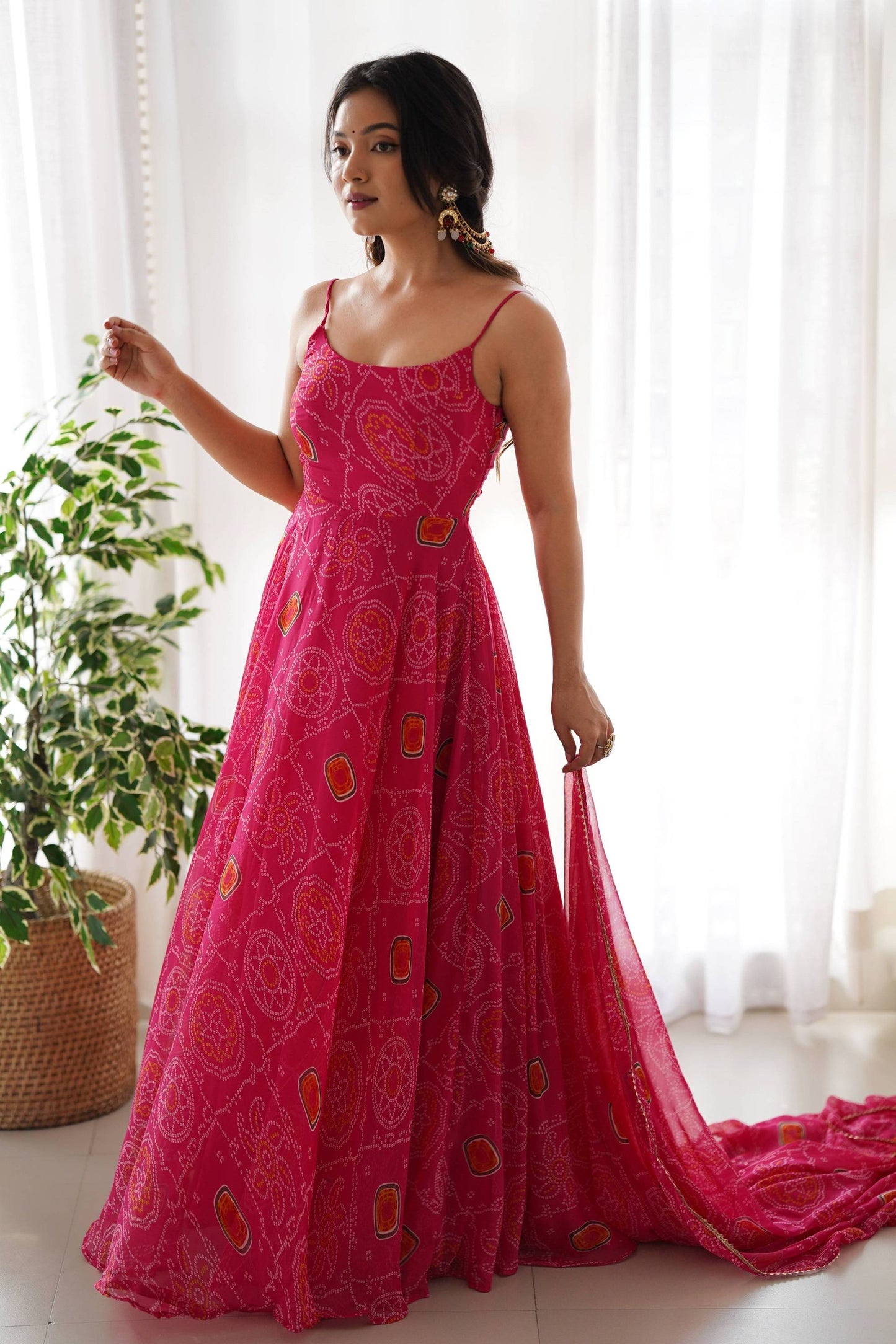 Elegant Pink Bandhej Print Chiffon Gown with Dupatta