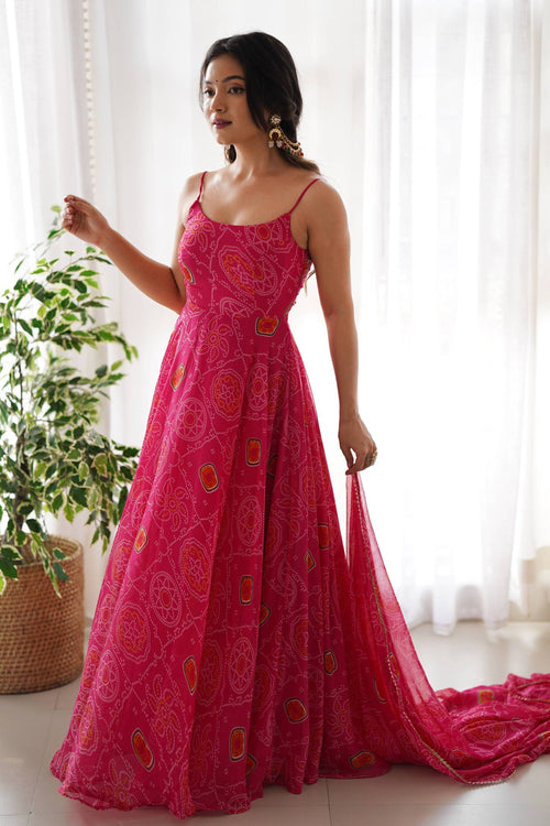 Elegant Pink Bandhej Print Chiffon Gown with Dupatta