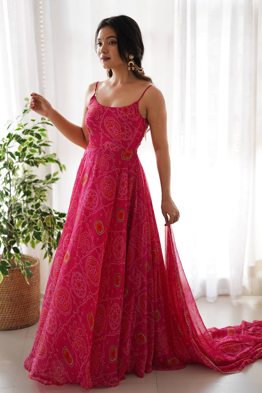 Elegant Pink Bandhej Print Chiffon Gown with Dupatta