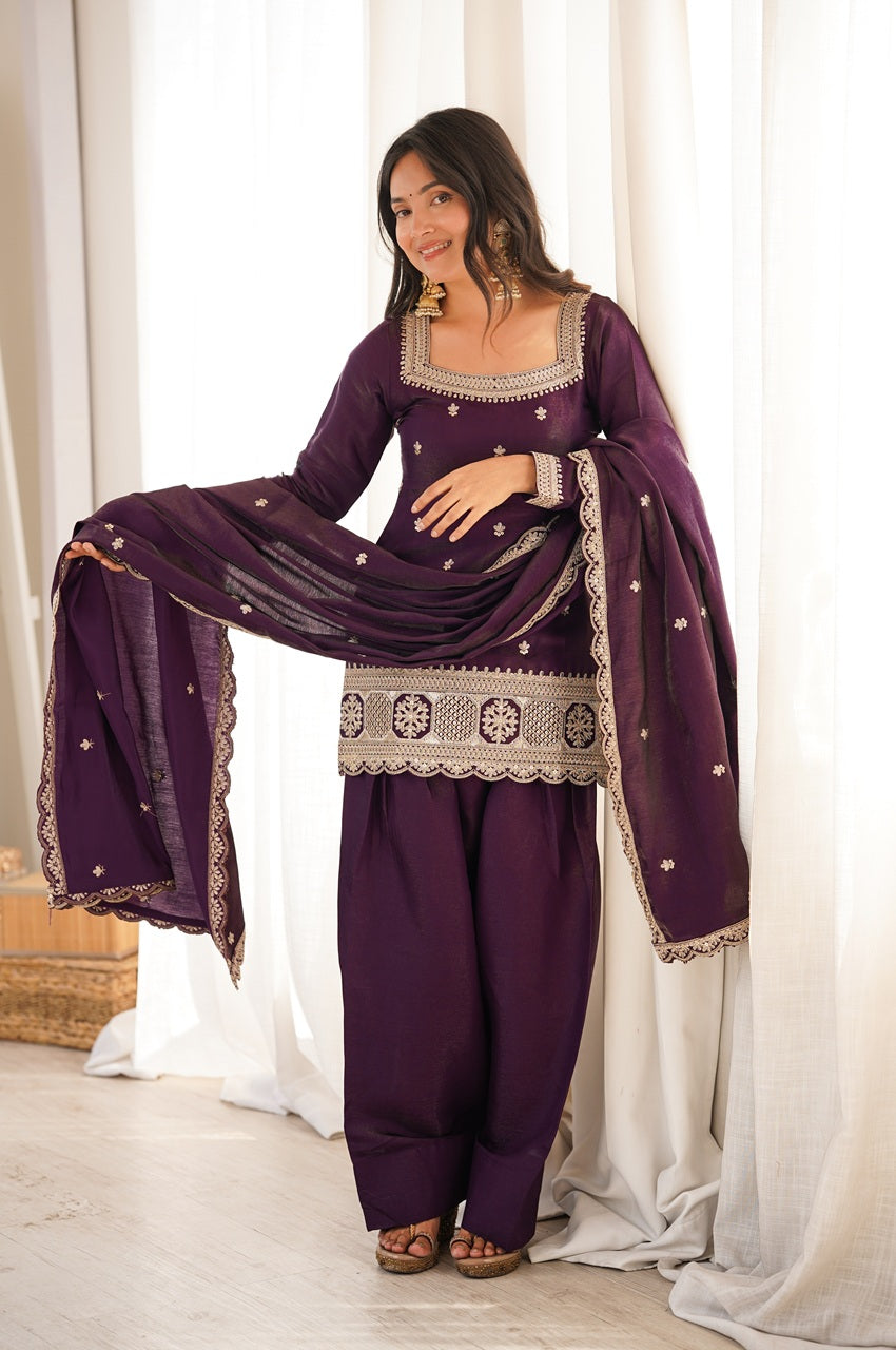Dark Plum Glass Roman Silk Embroidered Kurta Set with Farshi Shalwar