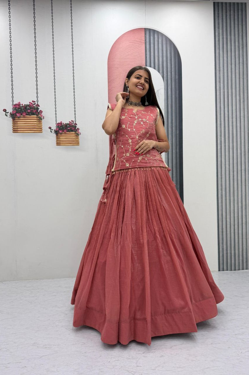 Dusky Red Crunchy Silk Lehenga Set with 3.5 Meter Flair & Heavy Sequins Jacket