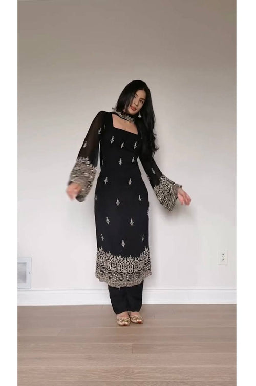 Black Faux Georgette Suit Set with Thread & Sequence Work