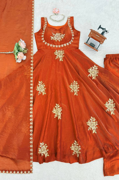 Orange Fendy Silk Suit Set with Thread & Sequence Work