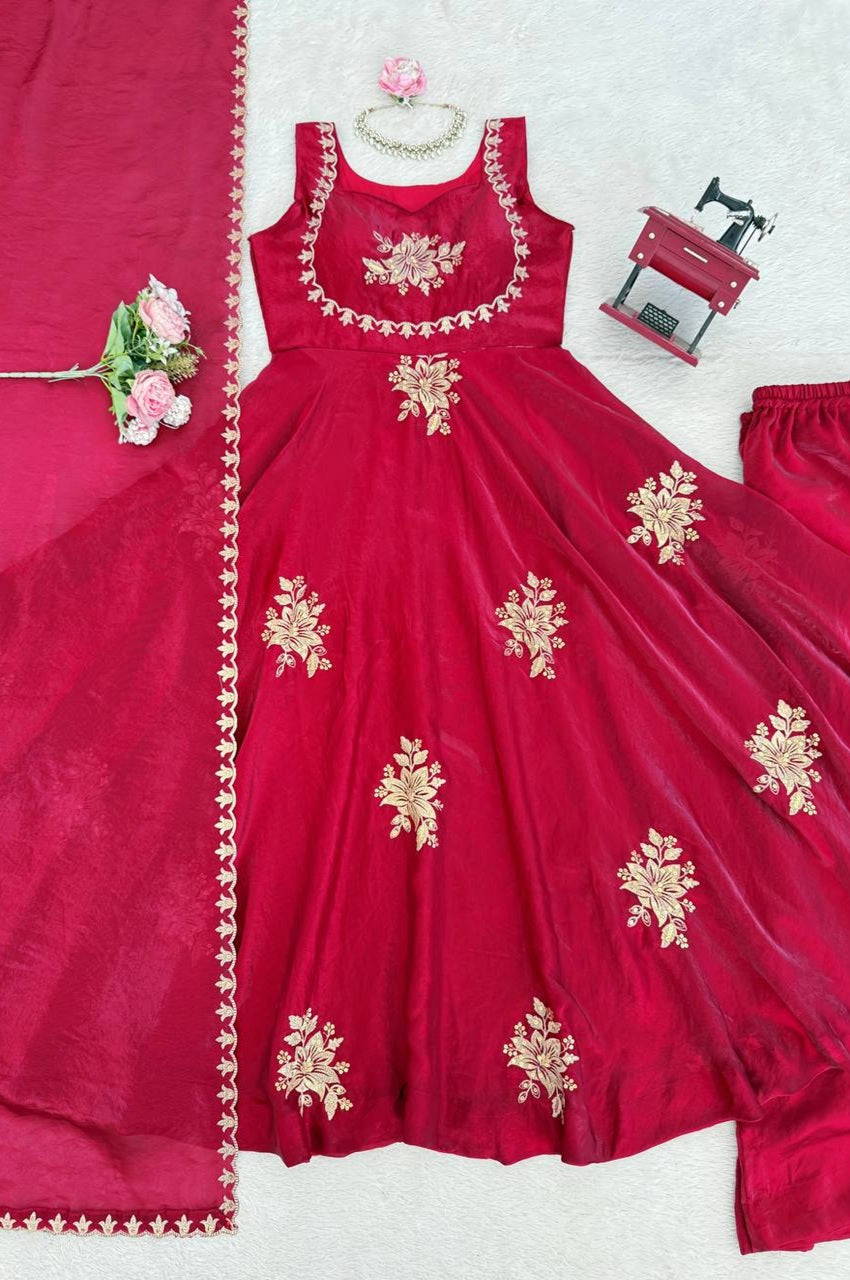 Rani Pink Fendy Silk Suit Set with Thread & Sequence Work