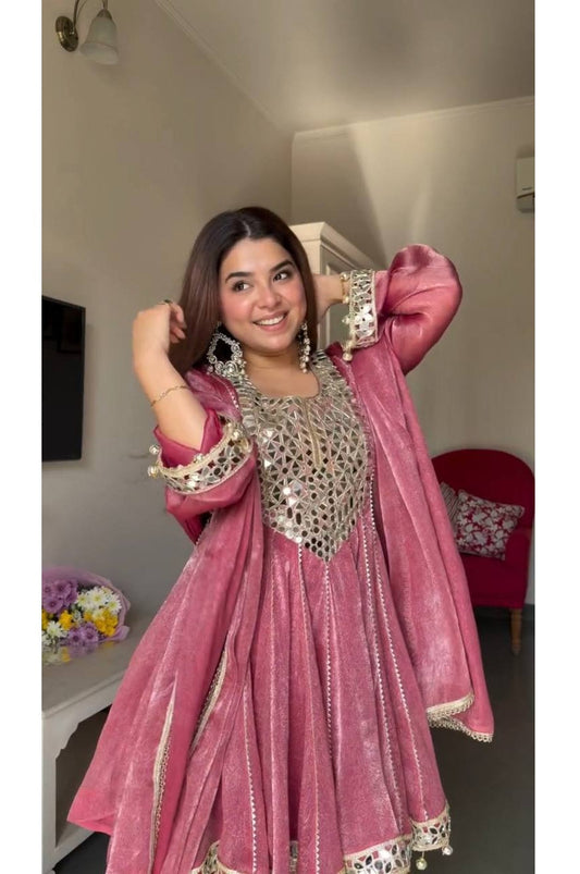 Rose Pink Gold Crush Dhoti Style Suit Set with Real Mirror Work