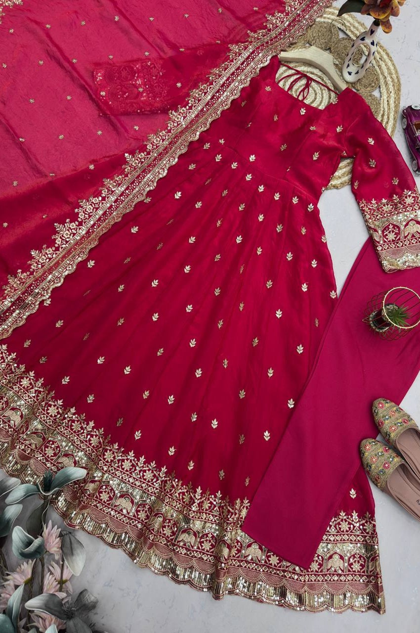 Rani Pink Embroidered Fendy Silk Gown Set with Sequins Work