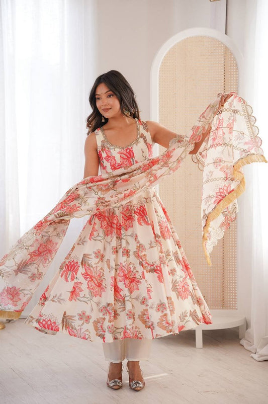 Cream White Muslin Floral Print Anarkali Set