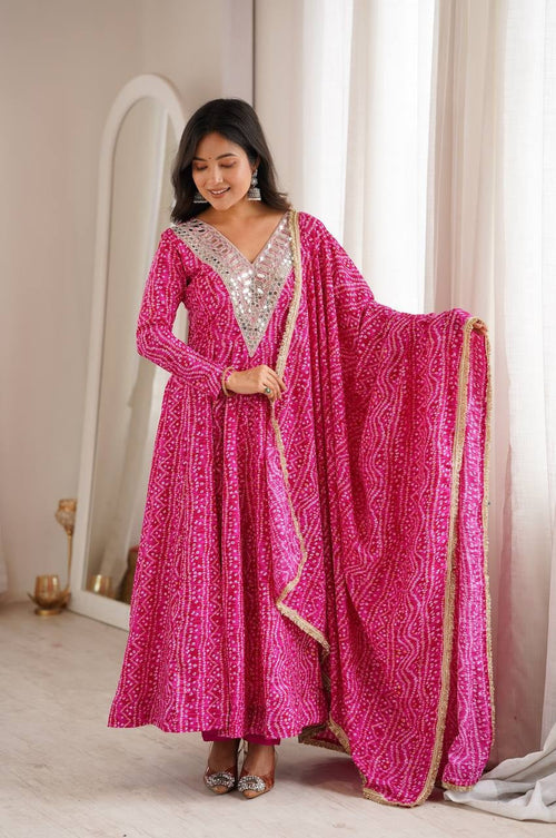 Pink Rayon Mirror Embroidery Ethnic Gown Set with Pant and Dupatta