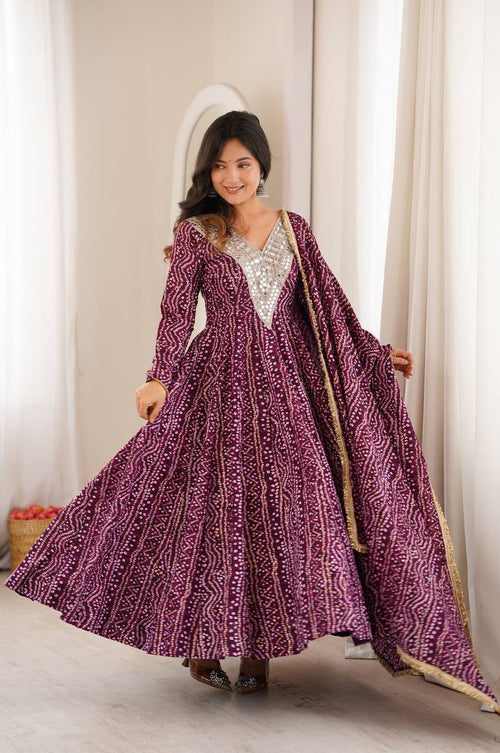 Wine Rayon Mirror Embroidery Anarkali Gown Set with Pant and Dupatta