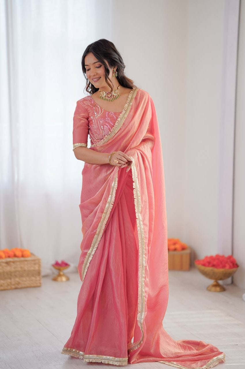 Rose Pink Heavy Fendy Silk Ready-to-Wear Saree with Lace Work