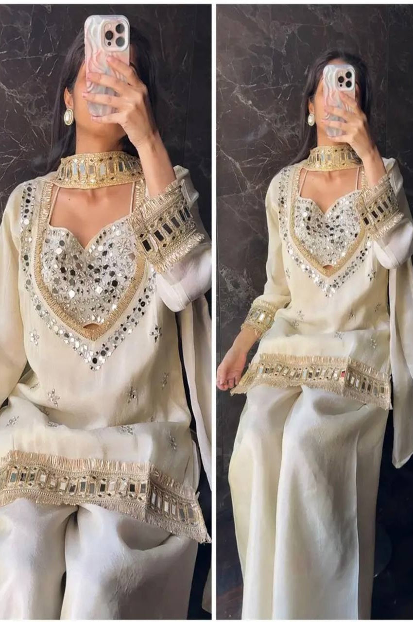 Off White Mirror Work Palazzo Suit