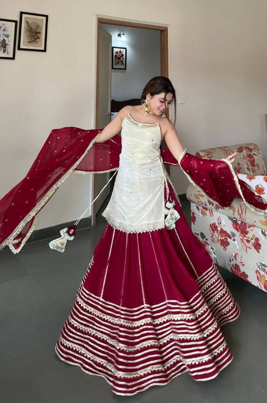 Fendy Silk Mirror Work Top with Blooming Faux Georgette Lehenga Set