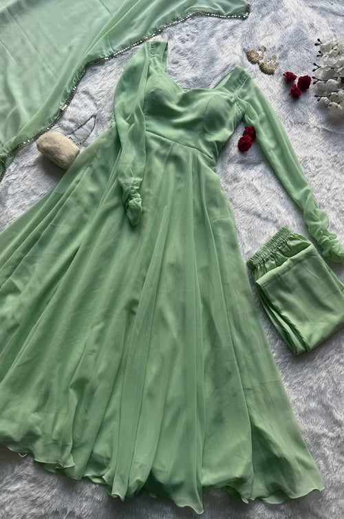 Misty Green Georgette Anarkali Suit with 8 Meter Flair