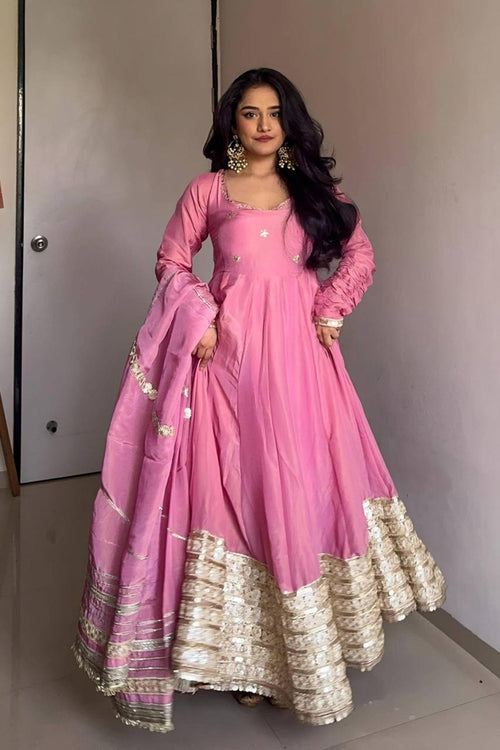 Pink Elegant Chinon Embroidered Suit Set
