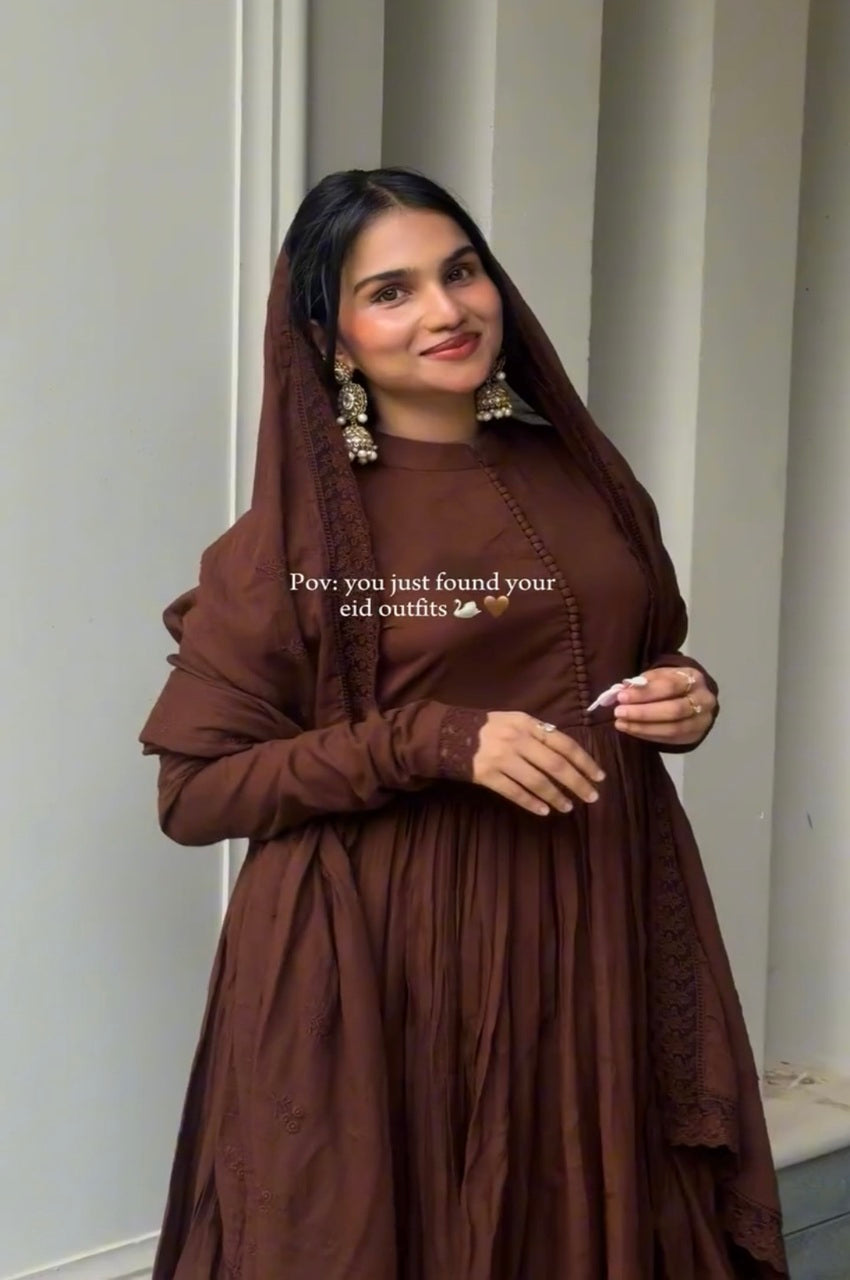 Brown Roman Silk Embroidered Anarkali Gown Set with Dupatta | SuratiKart