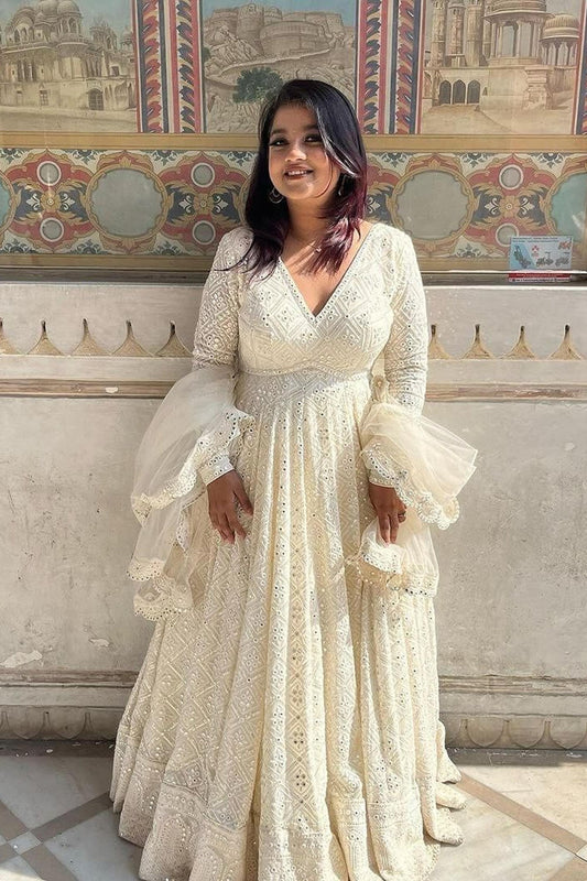 Luxurious White Georgette Anarkali Suit Set with Lakhnawi Work