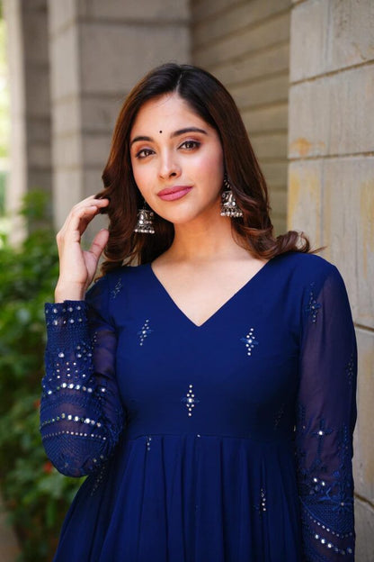 Glimmering Blue Color Sequence Thread Work Anarkali Gown