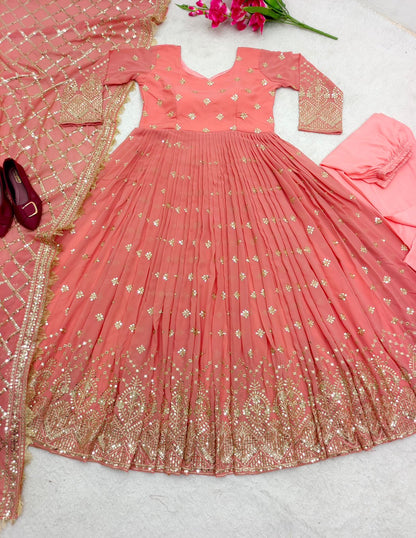Gorgeous Peach Color Sequence Work Anarkali Suit