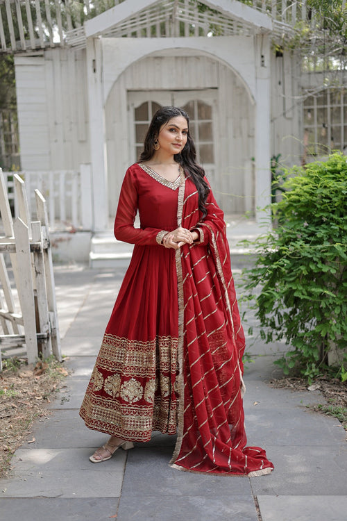 Captivating Maroon Color Gown With Ravishing Dupatta