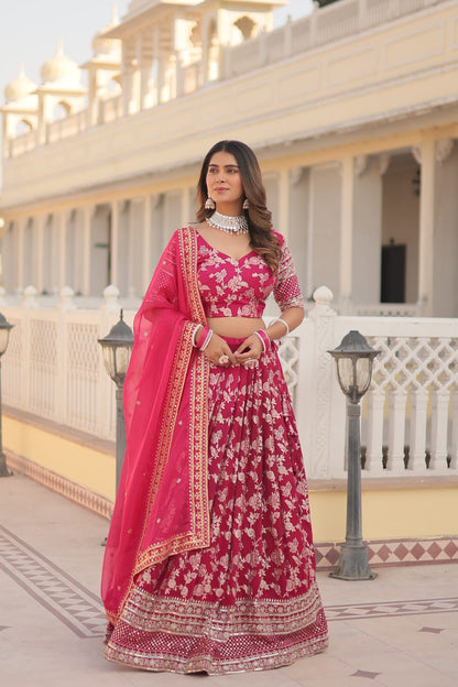 Weeding Wear Red Color Jacquard Embroidered Sequins Work Lehenga Choli