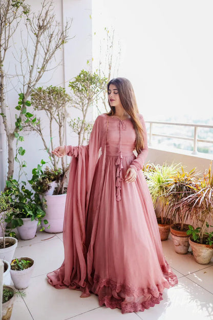 Solid Long Flair Double Layered Anarkali With Dupatta