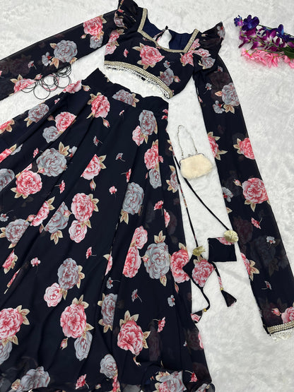 Party Wear Flower Digital Printed Black Lehenga Choli