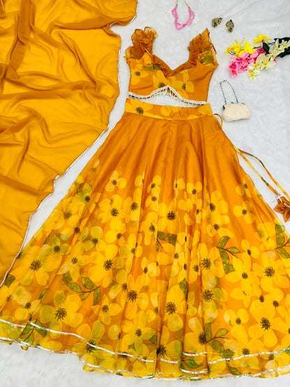 Yellow Organza Silk Flower Printed Lehenga Choli