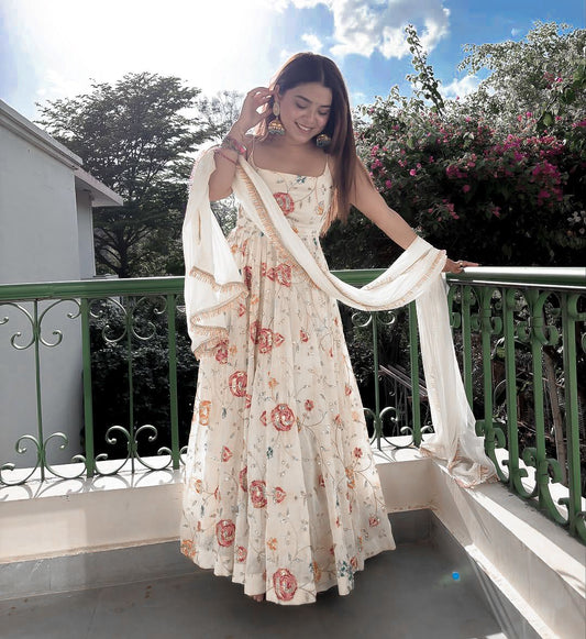 White Floral Embroidered Anarkali Gown with Dupatta | Wedding Ethnic Set