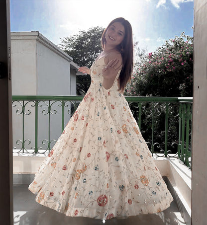 White Floral Embroidered Anarkali Gown with Dupatta | Wedding Ethnic Set