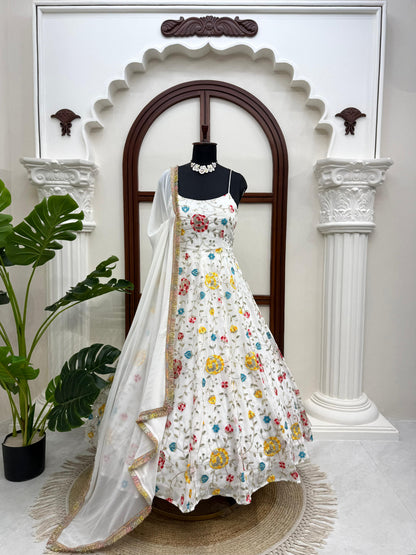 White Floral Embroidered Anarkali Gown with Dupatta | Wedding Ethnic Set