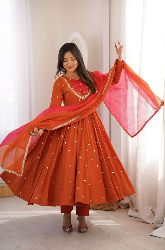 Rust Orange Roman Silk Embroidered Gown Set with Real Mirror Work & Dupatta