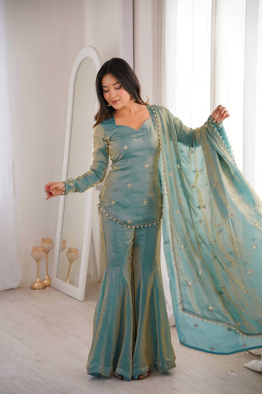 Teal Grey Fendy Silk Embroidery Sequence Sharara Set