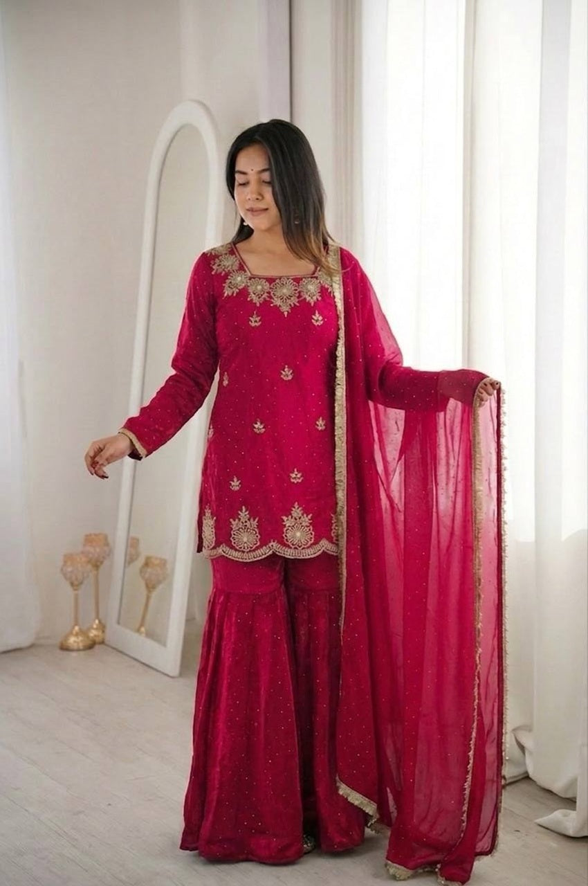 Rani Pink Fendy Silk Sharara Set with Zarkan Diamond