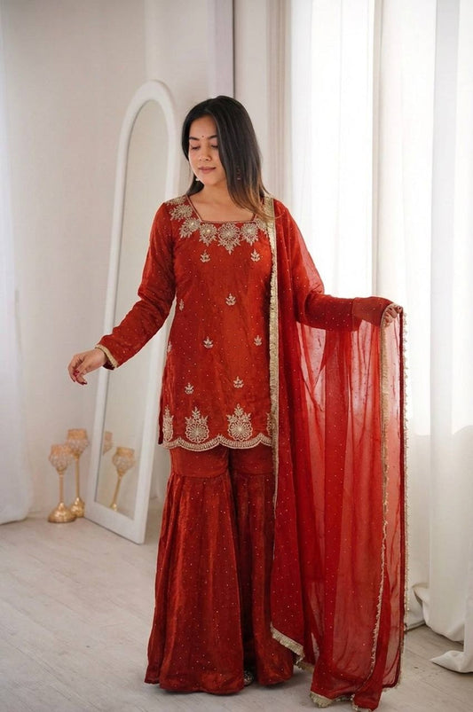 Rust Orange Fendy Silk Sharara Set with Zarkan Diamond