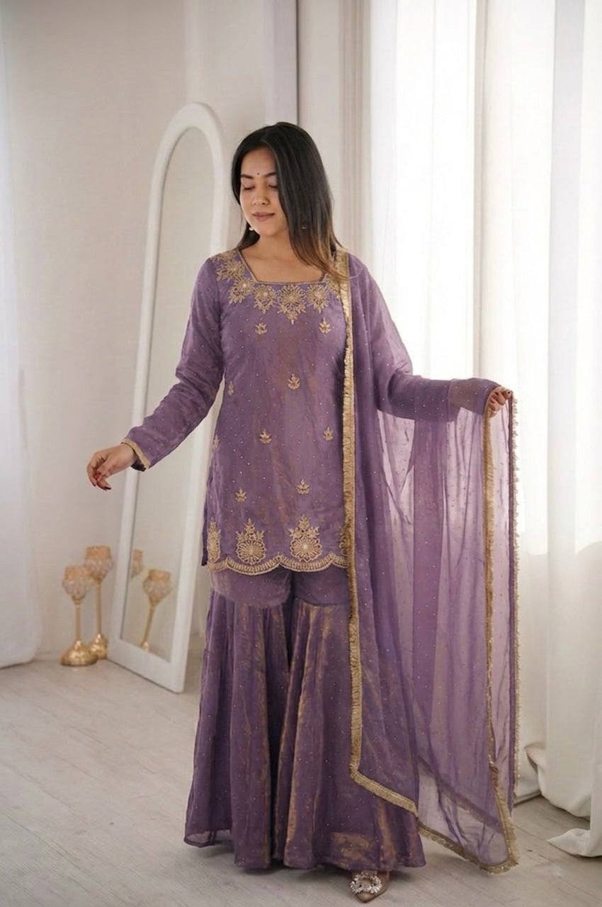 Misty Purple Fendy Silk Sharara Set with Zarkan Diamond
