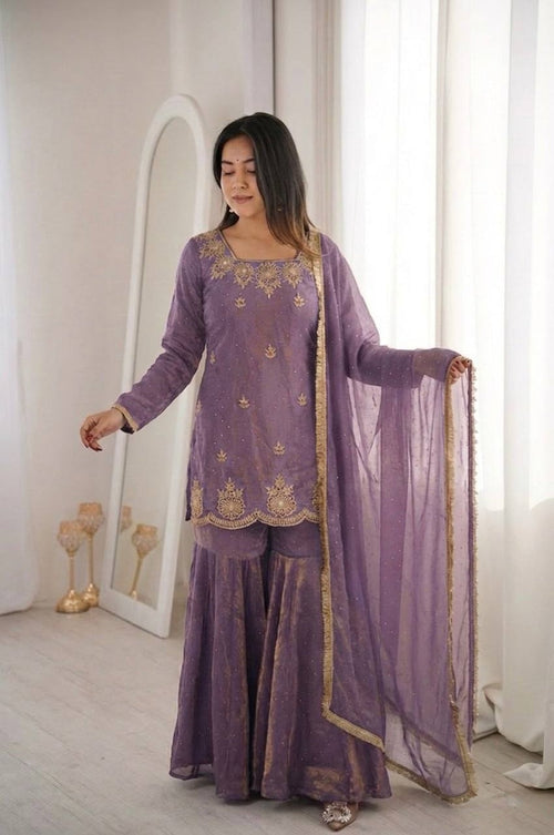 Misty Purple Fendy Silk Sharara Set with Zarkan Diamond