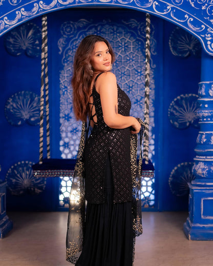 Black Embroidered Sharara Suit Set With kurta & dupatta for Special Occasions