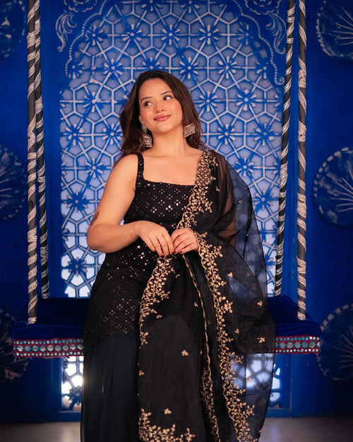 Black Embroidered Sharara Suit Set With kurta & dupatta for Special Occasions