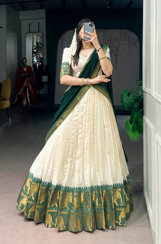 Premium South Indian Green Half Saree Poly Cotton Lehenga Choli Set