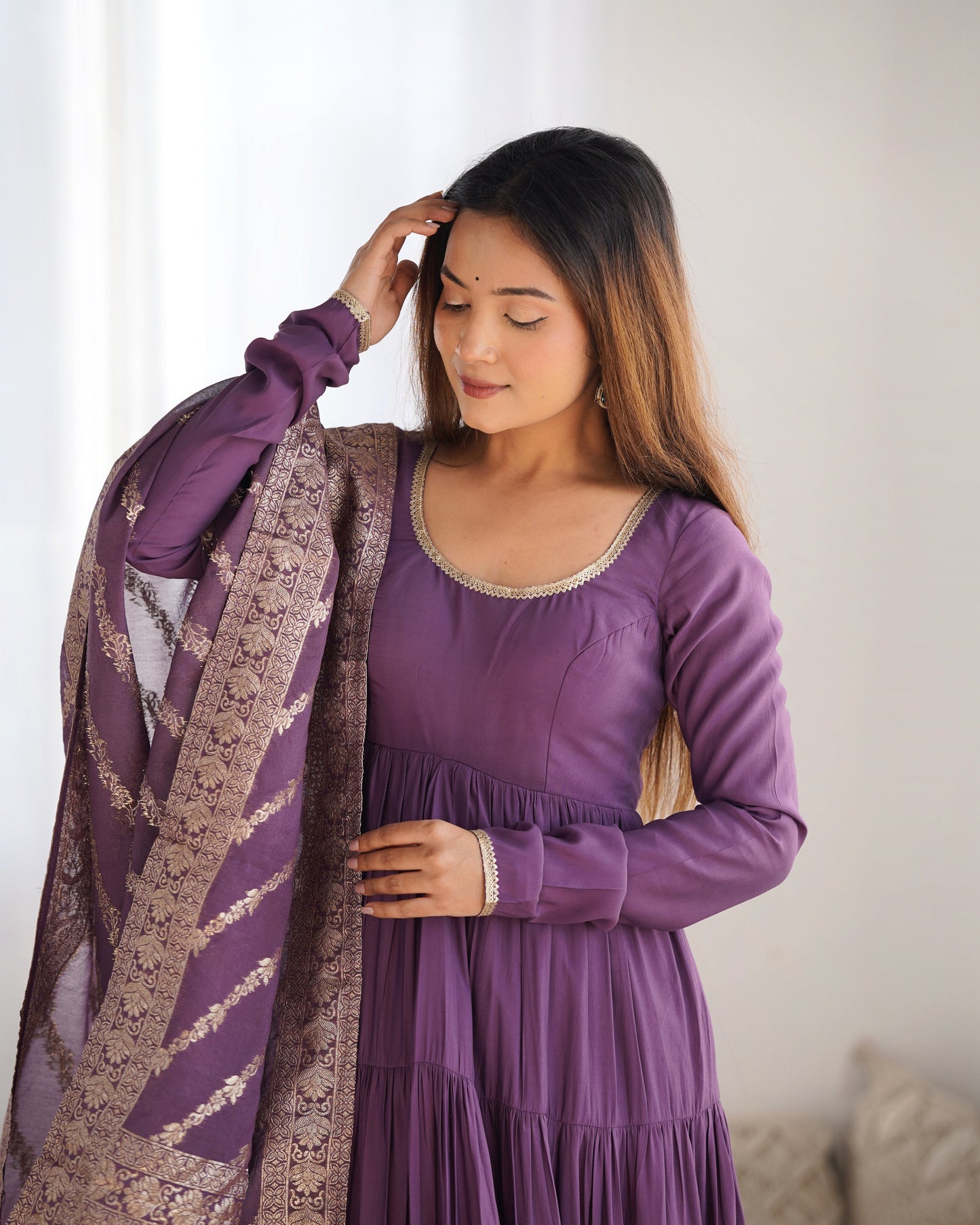 Dusty Purple Color Pure Roman Silk Ruffle Style Anarkali Suit