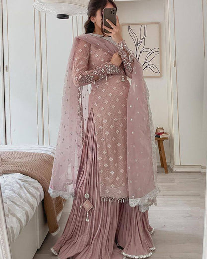 Jiana Peach Georgette Embroidered Kurta Palazzo Sets