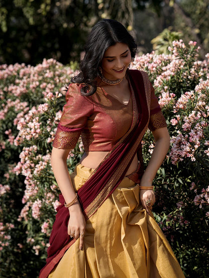 Cream Color Zari Weaving Work Kanchipuram Lehenga Choli