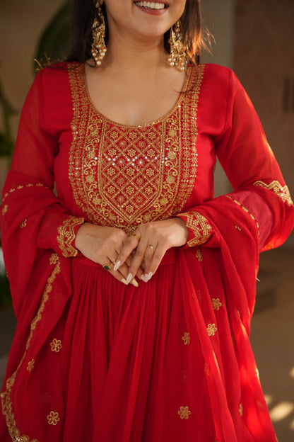 Red Color Faux Blooming Embroidered Gown
