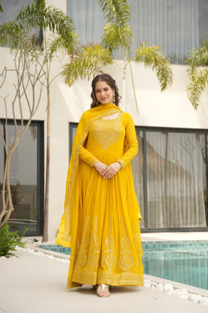 Yellow Color Faux Blooming Embroidered Gown