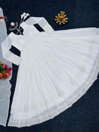 Glorious White Color Lace Work Lovely Long Gown
