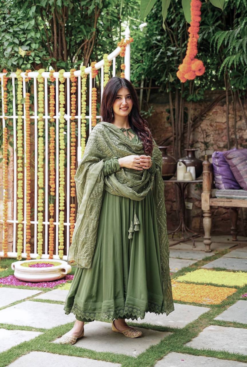 Mehndi Color Plain Gown With Heavy Dupatta