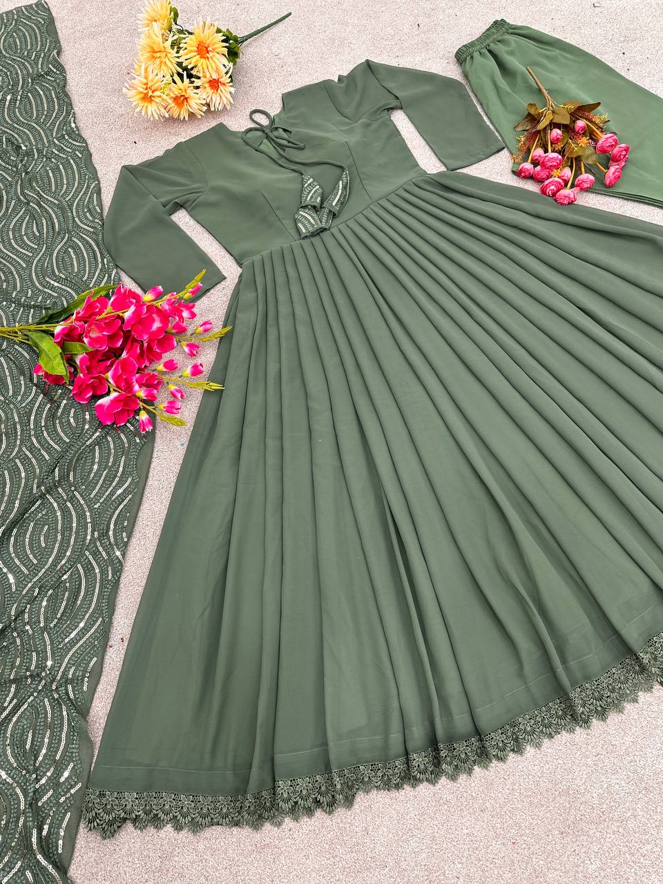 Mehndi Color Plain Gown With Heavy Dupatta