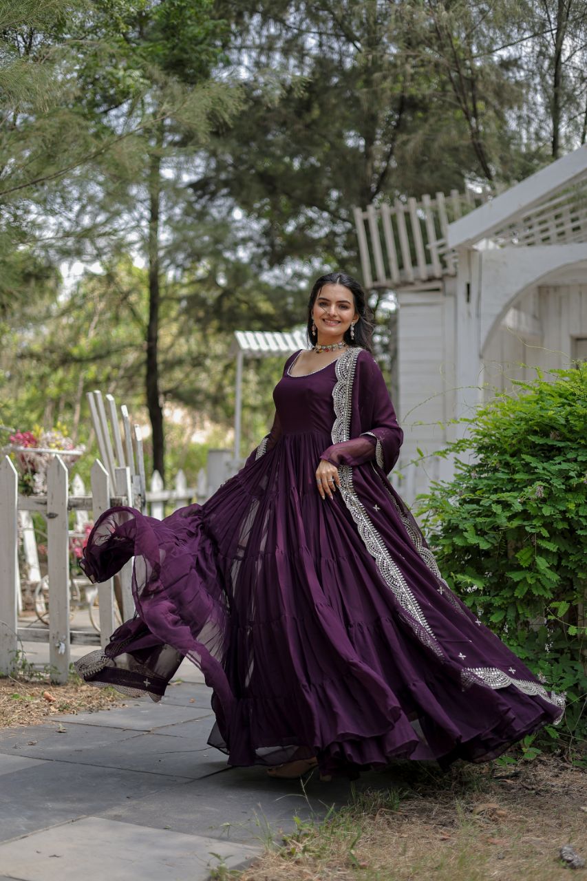 Party Wear Wine Color Plain Long Gown With Dupatta