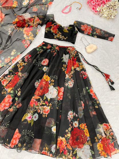 Party Wear Multi Flower Printed Black Color Lehenga Choli